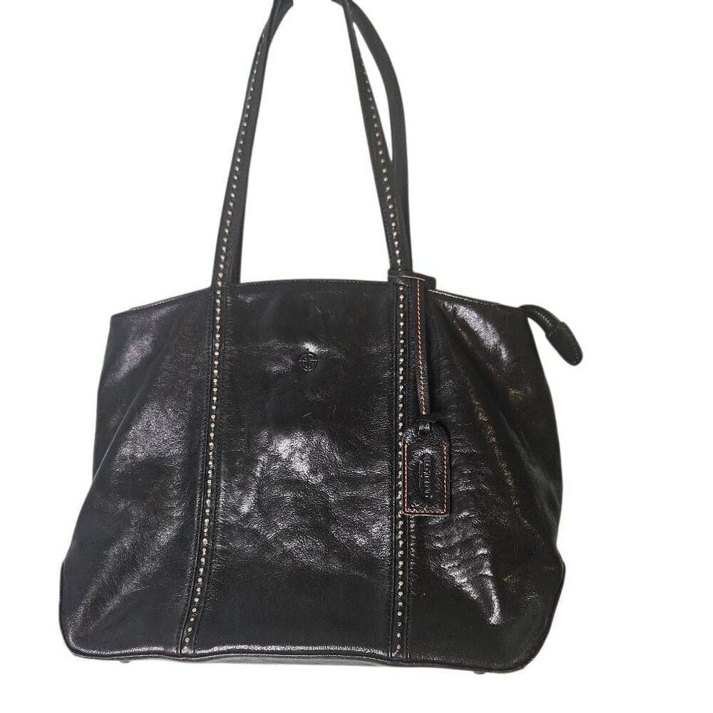 Old Trend large black leather shoulder bag with small stud accent.